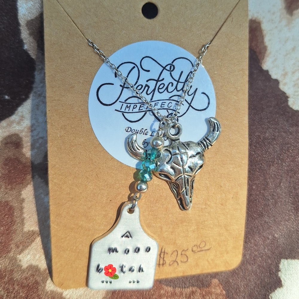 Handstamped cow tag necklace with bull skull charm and turquoise colored beads